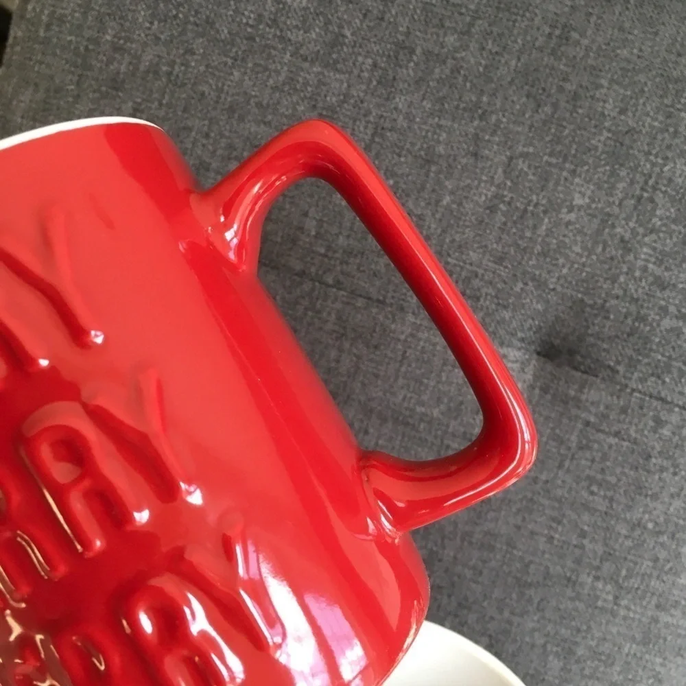 Set/2 “MERRY MERRY MERRY” Coffee Mugs, Red, White, 16 oz